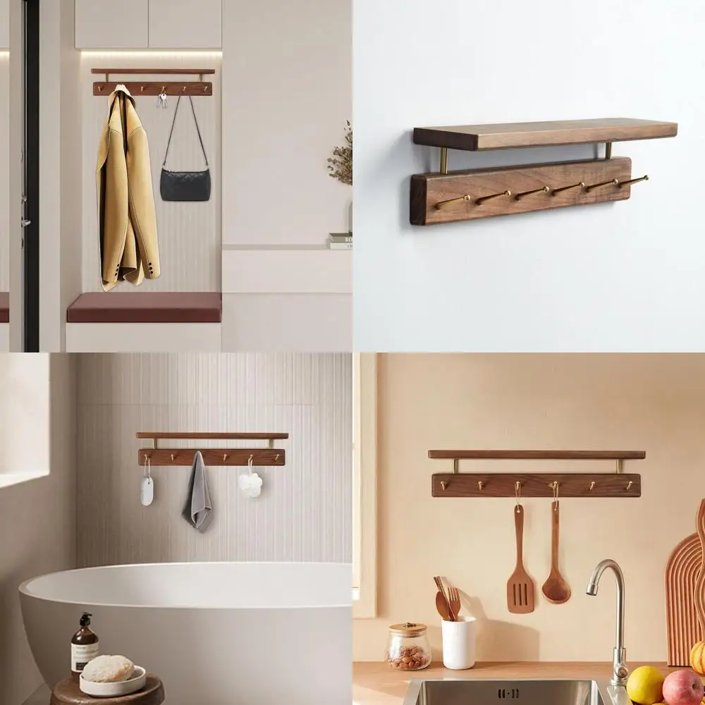 

Настенная вешалка для одежды из орехового дерева с 6 крючками, 19-дюймовая полка из массива дерева для прихожей, гостиной, ванной и спальни