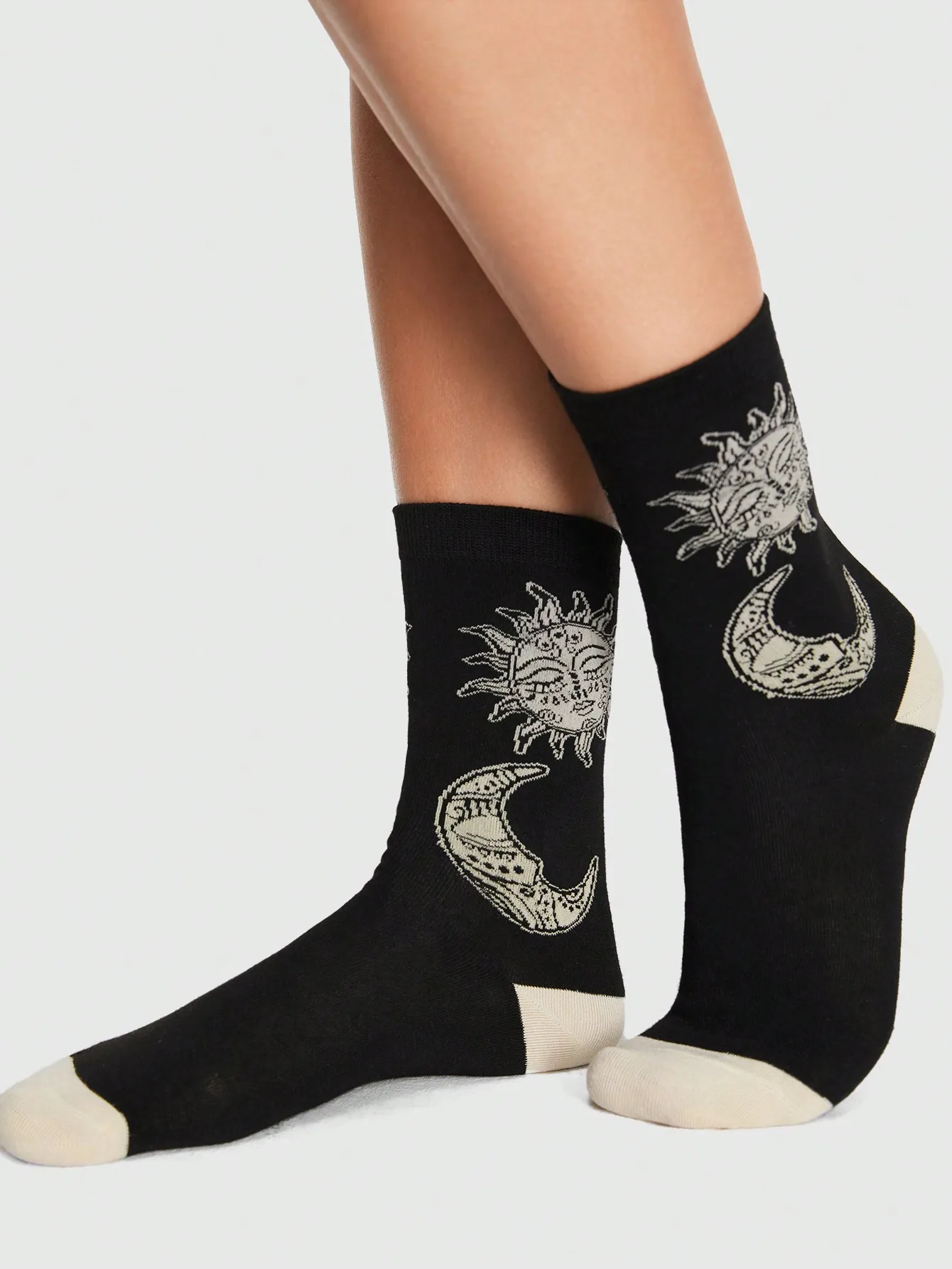 5 pairs Sun Moon Face Pattern Crew Socks Black Beige Contrast Toe Cotton Witchy Vintage  Unisex Daily Mid Calf Socks