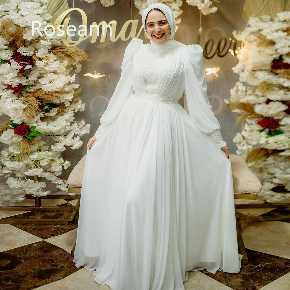 Muslimische hochwertige Elfenbein A-Linie Brautkleider hoher Kragen drapierte Falten applikation Brautkleid boden lange Robe de Mariée