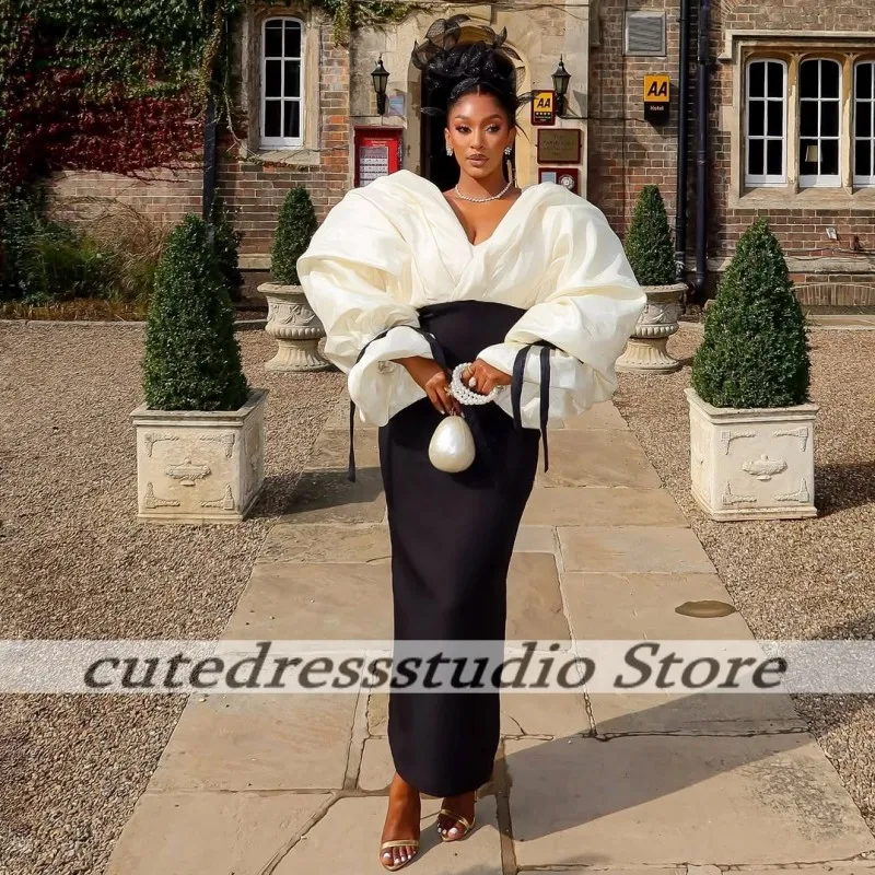 فساتين سهرة متواضعة Aso Ebi للنساء من الساتان بياقة على شكل V وأكمام طويلة فستان حفلات ميدي أفريقي مخصص #1