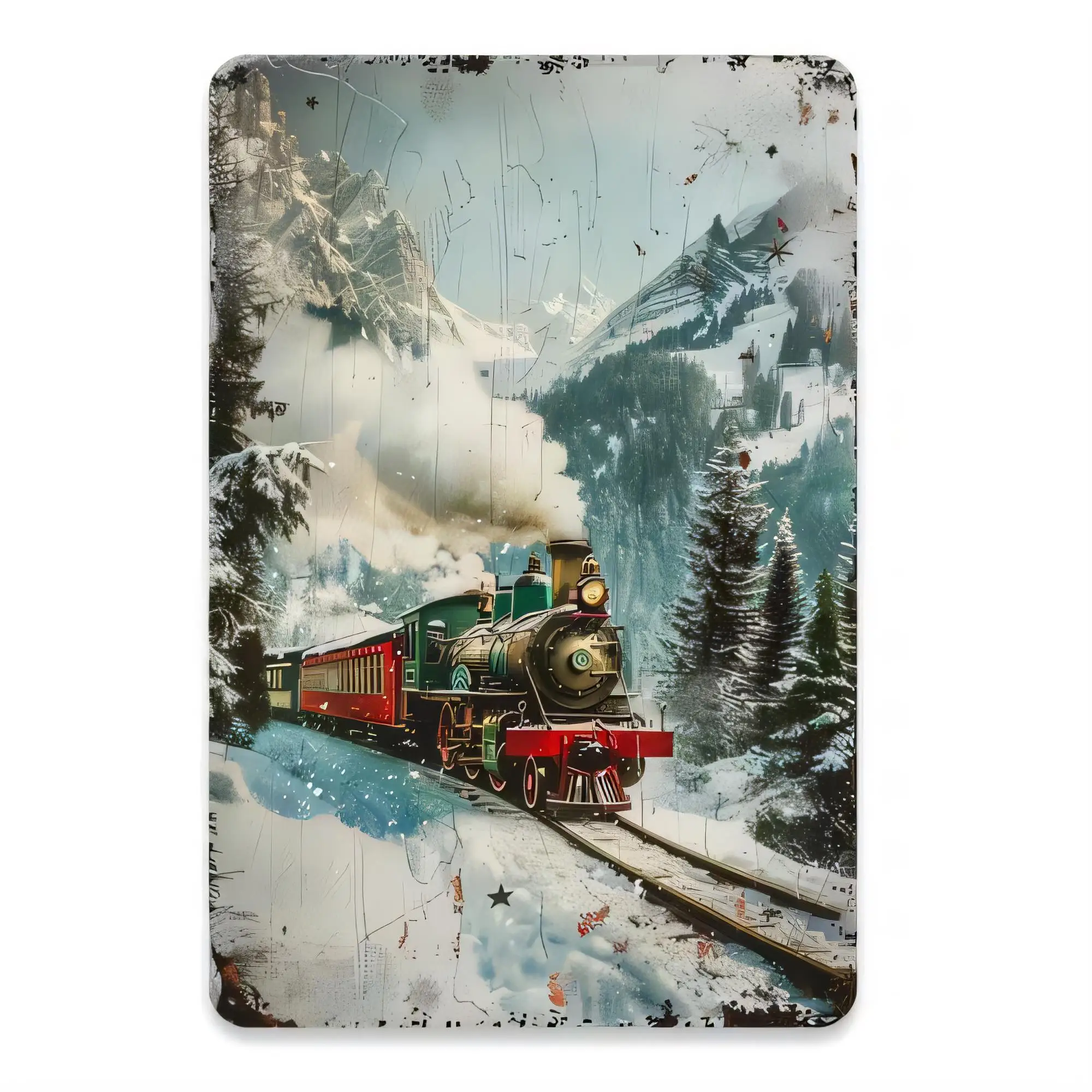 Tin Sign Vintage Train in Snow Mountains Retro Railway Car Metal Sign Wall Art Home Pub Bar Decor Rustic Plaque   Gift for Men W