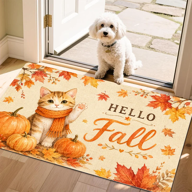 Hello Fall Kitten Pumpkin Doormat Indoor Outdoor Floor Covering Warm Harvest Floor Accent Mat for Thanksgiving Holiday Decor