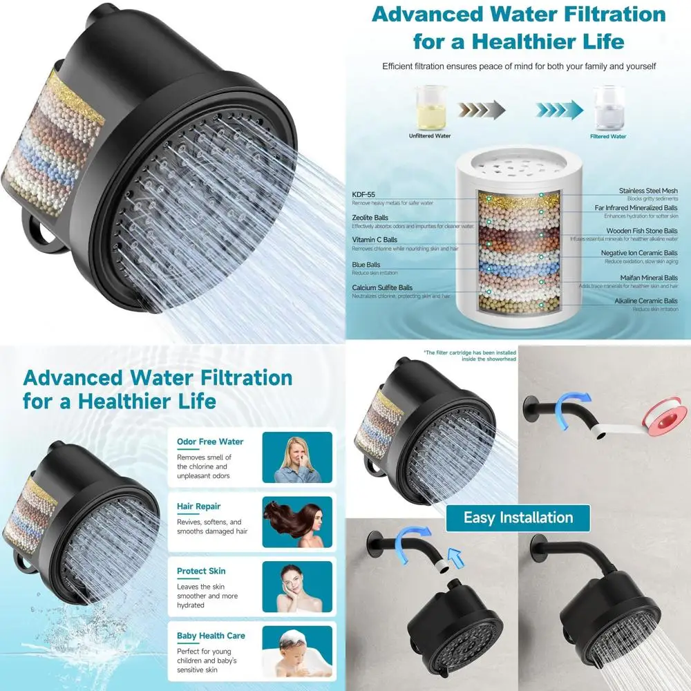

6-Inch Matte Black High-Pressure Shower Head with Hard Water Filter and 5 Modes