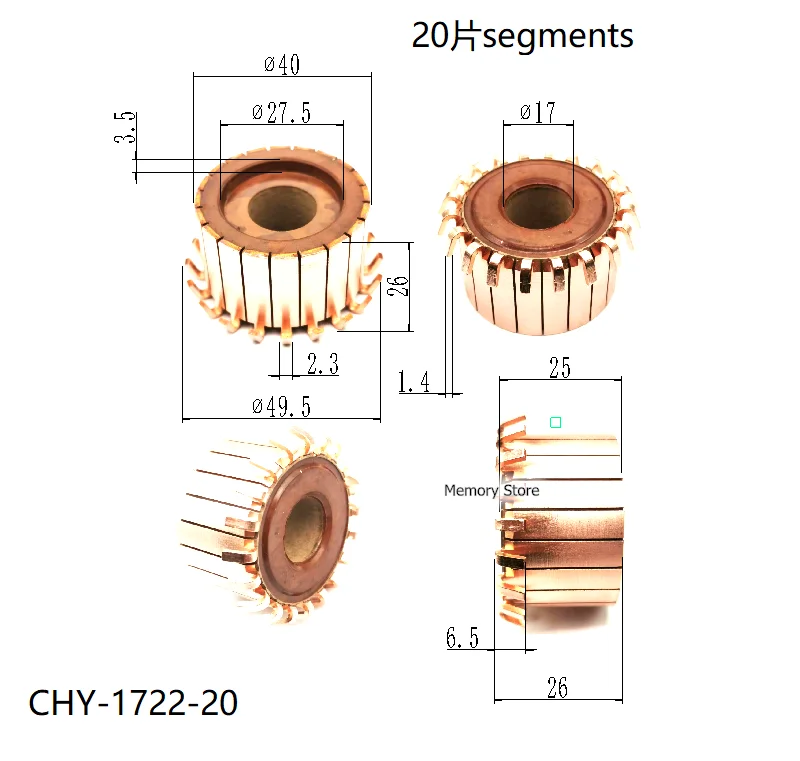 40x17x26(25)mm 20P Teeth Copper Hook Type Electrical Motor Commutator, CHY-1722-20