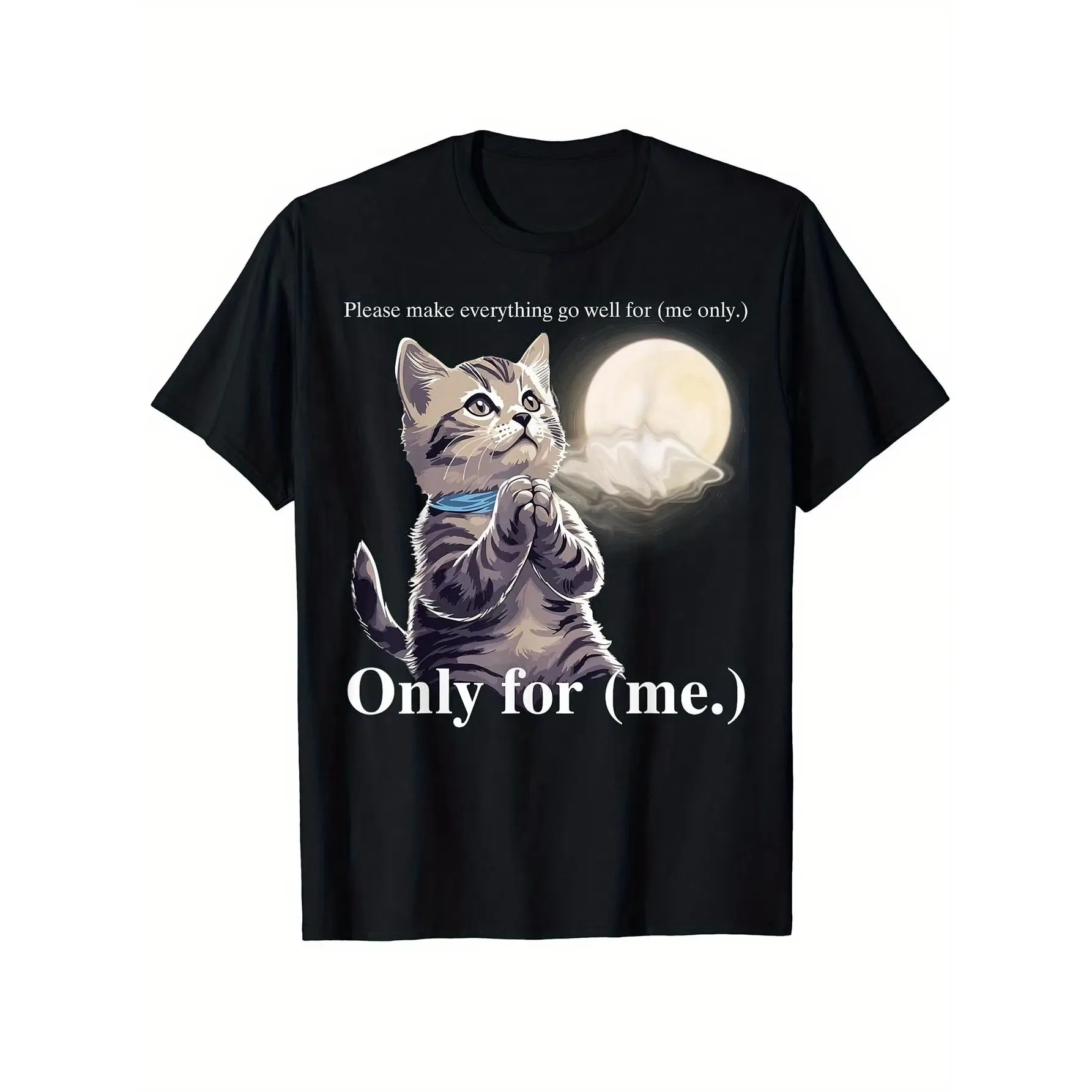 

Praying Kitten Moon Graphic Men's Cotton T-Shirt Casual Short Sleeve Round Neck Breathable Tee