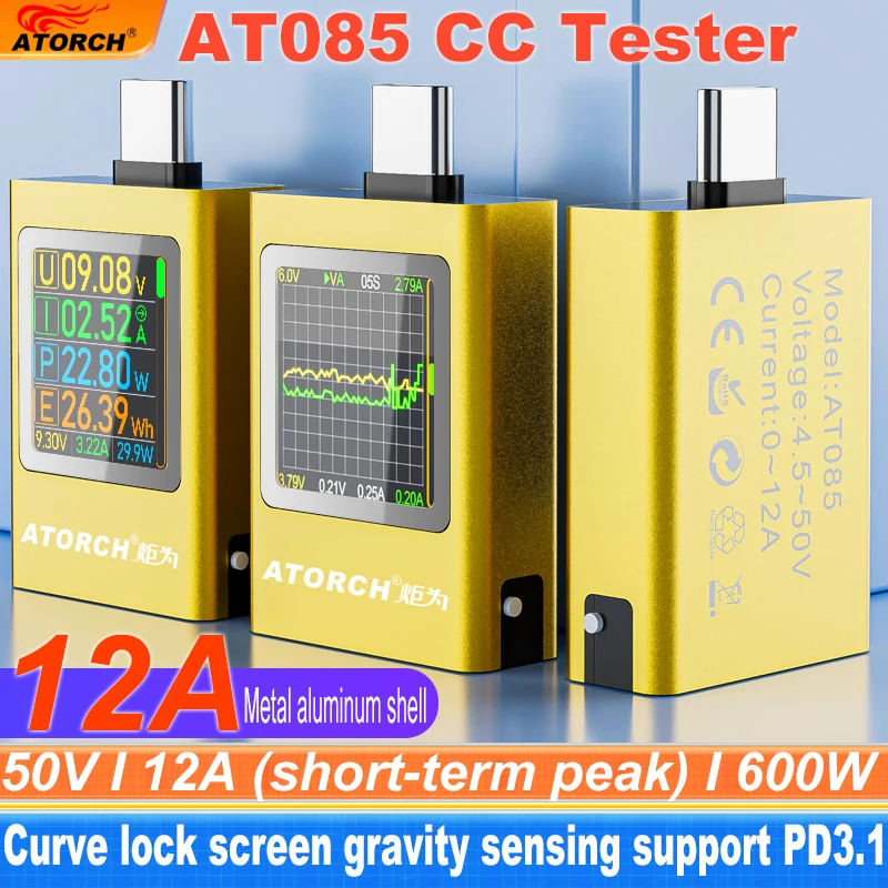 Display Digital Amperímetro de Tensão Medidor Banco de Potência G-sensor Tipo-c Carregador de Celular Capacidade Tester 600w Dc4.550v 012a Pd3.1