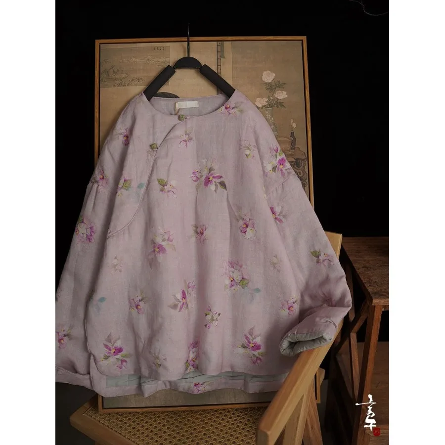 

Женское осенне-зимнее пальто в стиле ретро, китайское светлое льняное хлопковое пальто на пуговицах спереди с цветочным принтом, антивозрастное