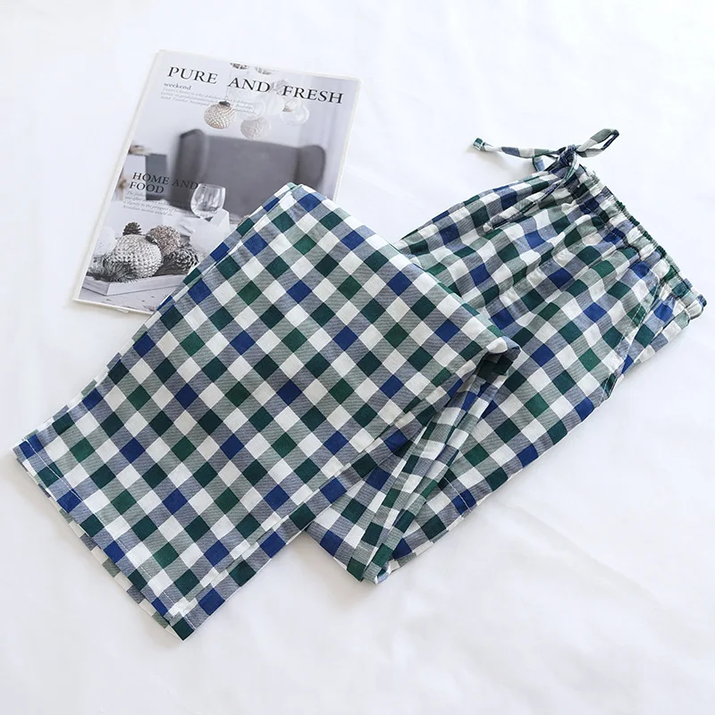 Couple Pajama Pants Women Cotton Gauze Trousers Thin Plaid Sleep Bottoms Elastic Waist Men Loose Night Pijamas Lounge Wear 2022