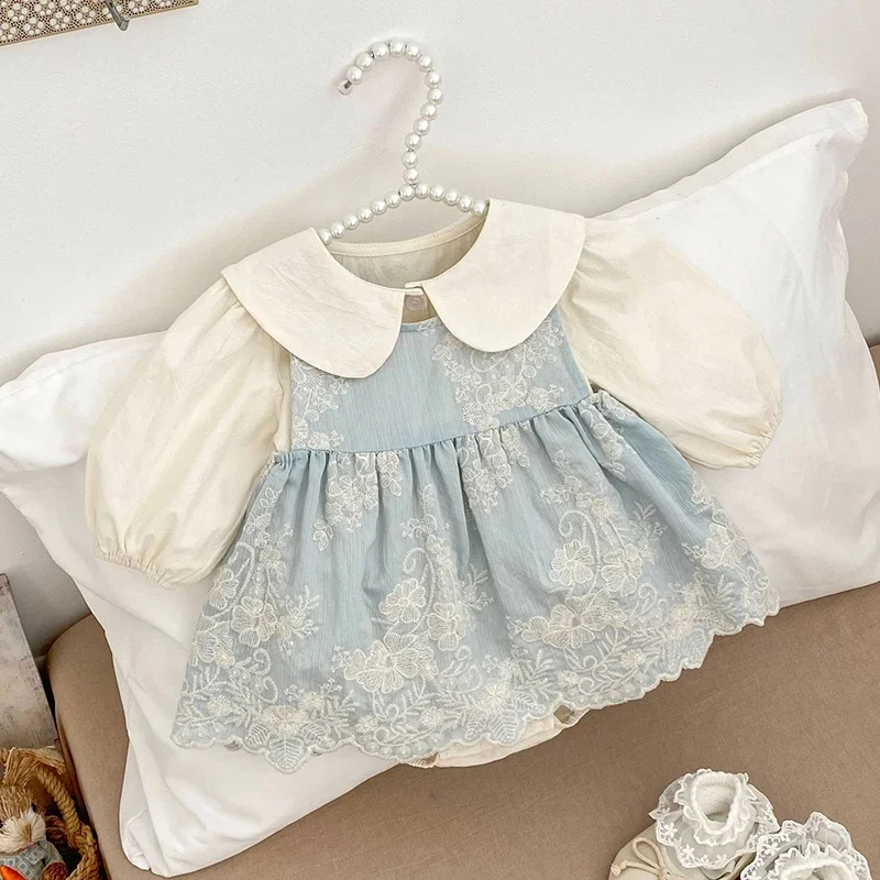 2025 New Autumn 0-24M Newborn Baby Girls Bodysuits+Sleeveless Embroidered Vest Infant Baby Girls Jumpsuit Baby Clothing