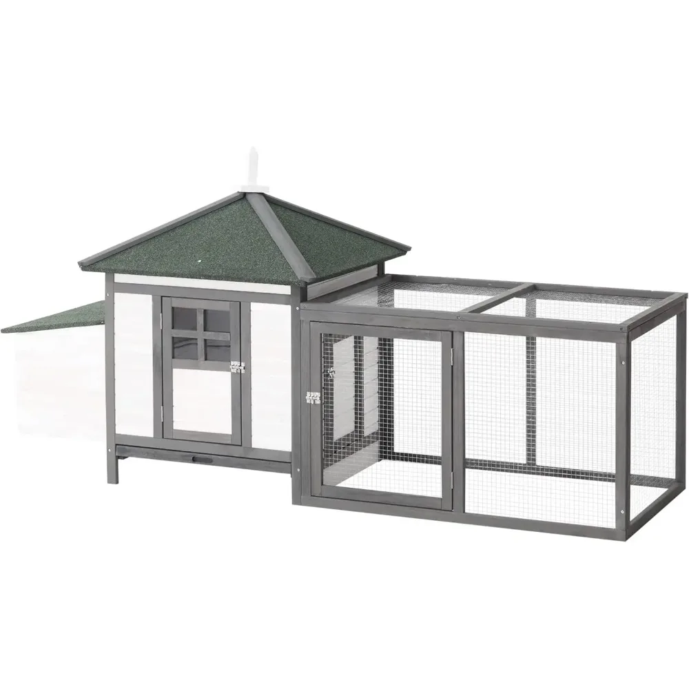 

77" wooden chicken coop with nesting box, cute outdoor hen house with removable tray, ramp run, for garden backyard, gray