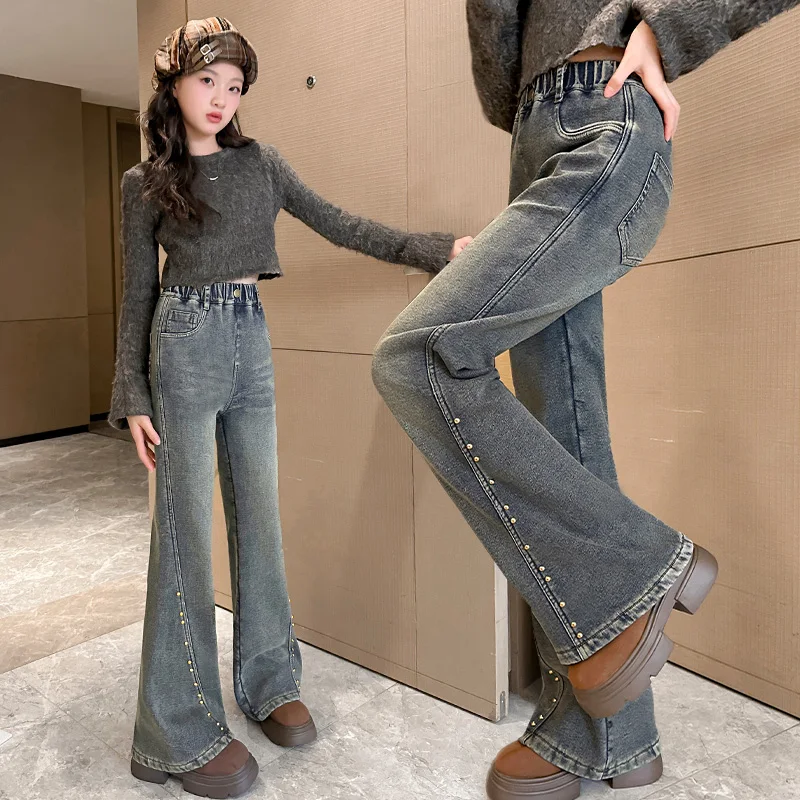 Kids Girls High Waist Insulated Flared Jeansans with Beads For Winter Warm Bootcut Trousers Children Elegant Thermal Denim Pants