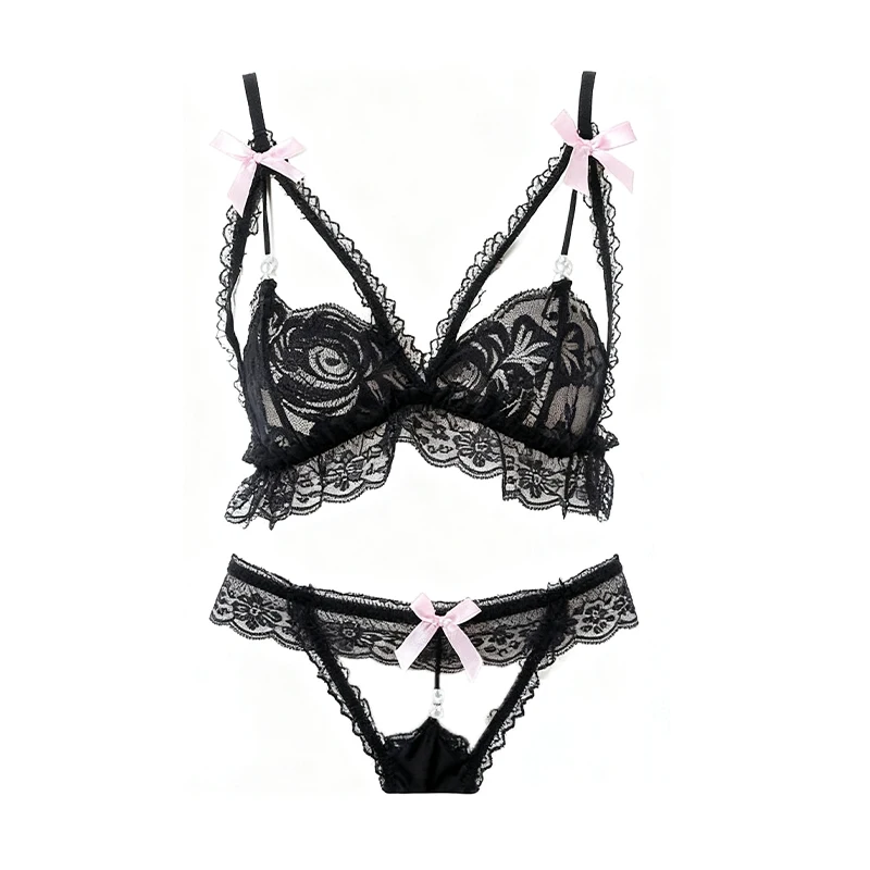 

Женский сексуальный комплект: бюстгальтер с жемчугом и трусики с открытой промежностью, модное кружевное прозрачное белье