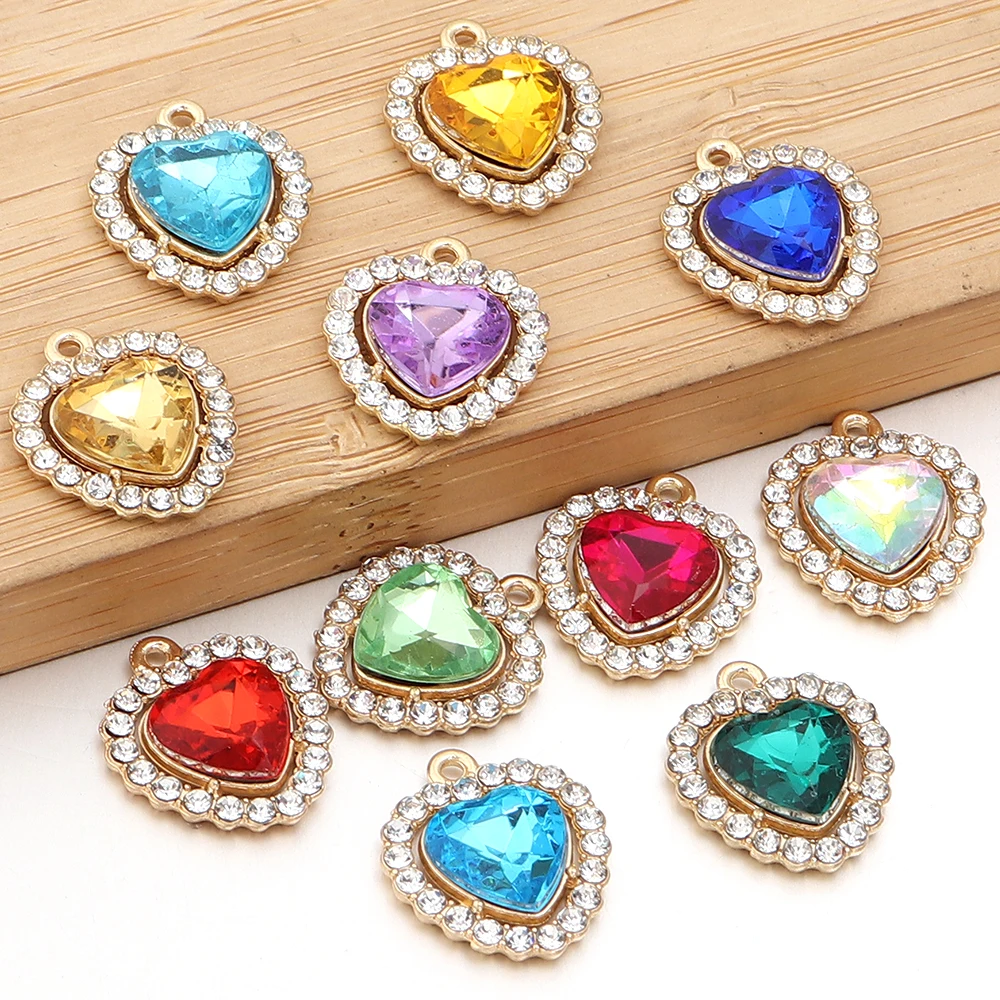 10Pcs Multicolor Crystal Love Heart Charms For Women Girls Jewelry Making DIY Sweet Romantic Love Heart Pendant Necklace Crafts view 4
