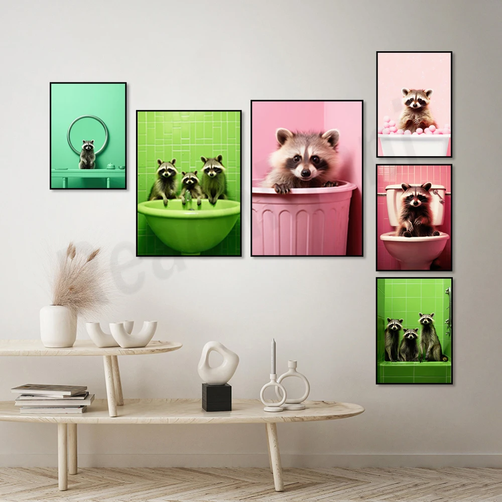 Playful raccoon playing with bubbles, funny raccoon in the bathroom, unique animal art, whimsical wall nursery decor poster