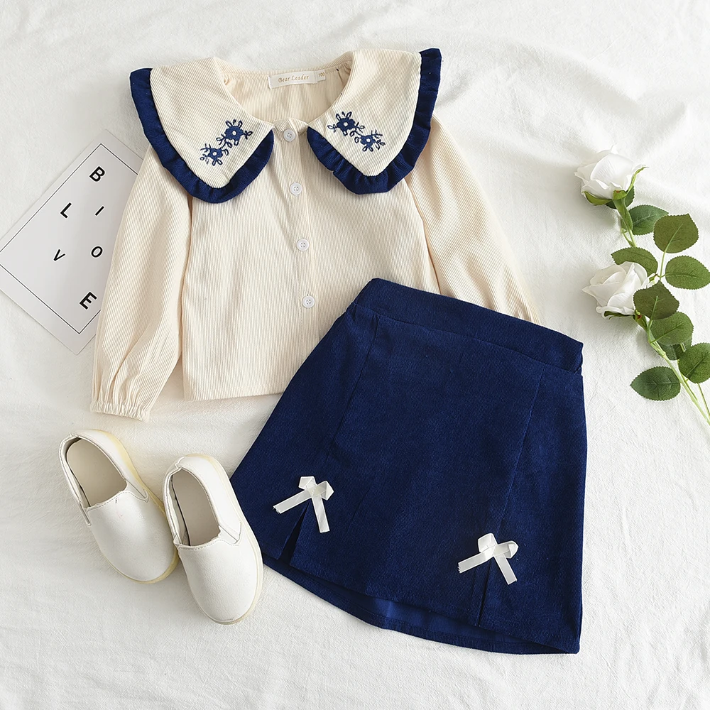 2023 Fashion Girls' Long Sleeve Half Skirt Set Autumn/Winter New Girls' Doll Neck Shirt Top+Bow Skirt Two Piece Set