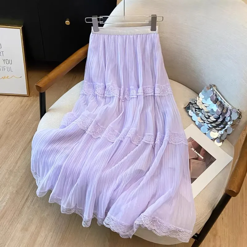 Retro Süßer Weißer Langer Rock für Damen, Lässiger Lockerer Rock mit Hoher Taille, Eleganter Vintage-Rock mit Spitzenbesatz, Koreanischer Sommer-Langrock – Detail 26