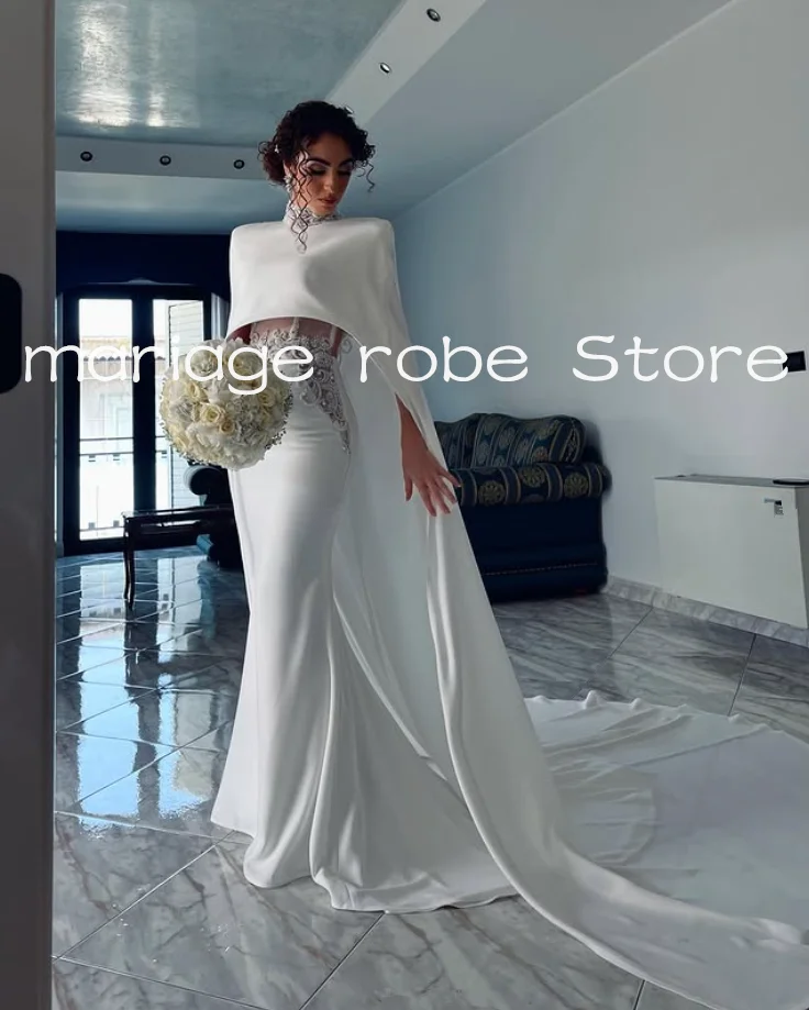 sparkly mermaid long wedding dresses with cape train crystal beaded high neck garden church bridal gown garment customsized