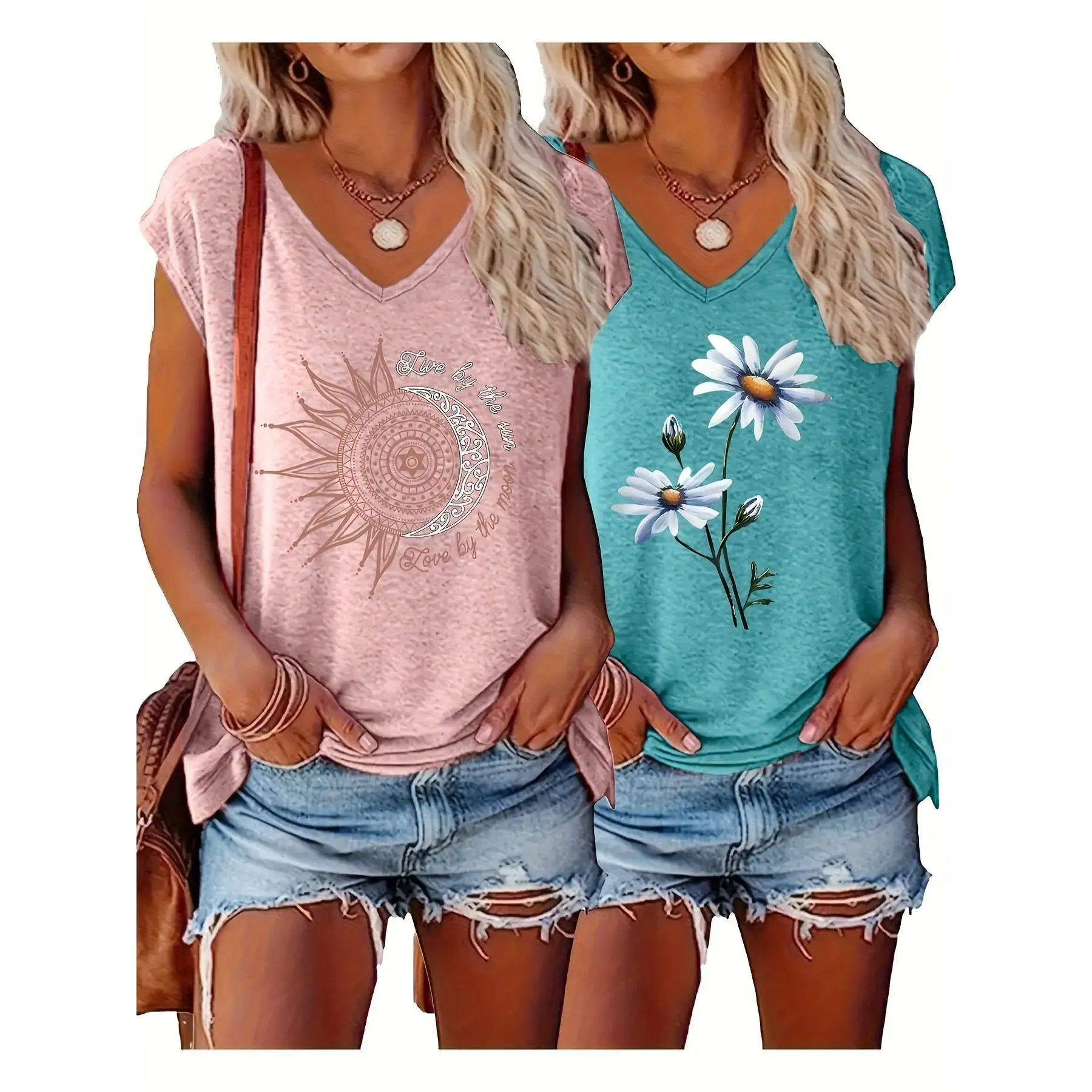 Women's V-Neck Printed T-Shirt Cross-Border Fashion Gel Fiber Sleeveless Top Comfortable Breathable Summer Casual Wear