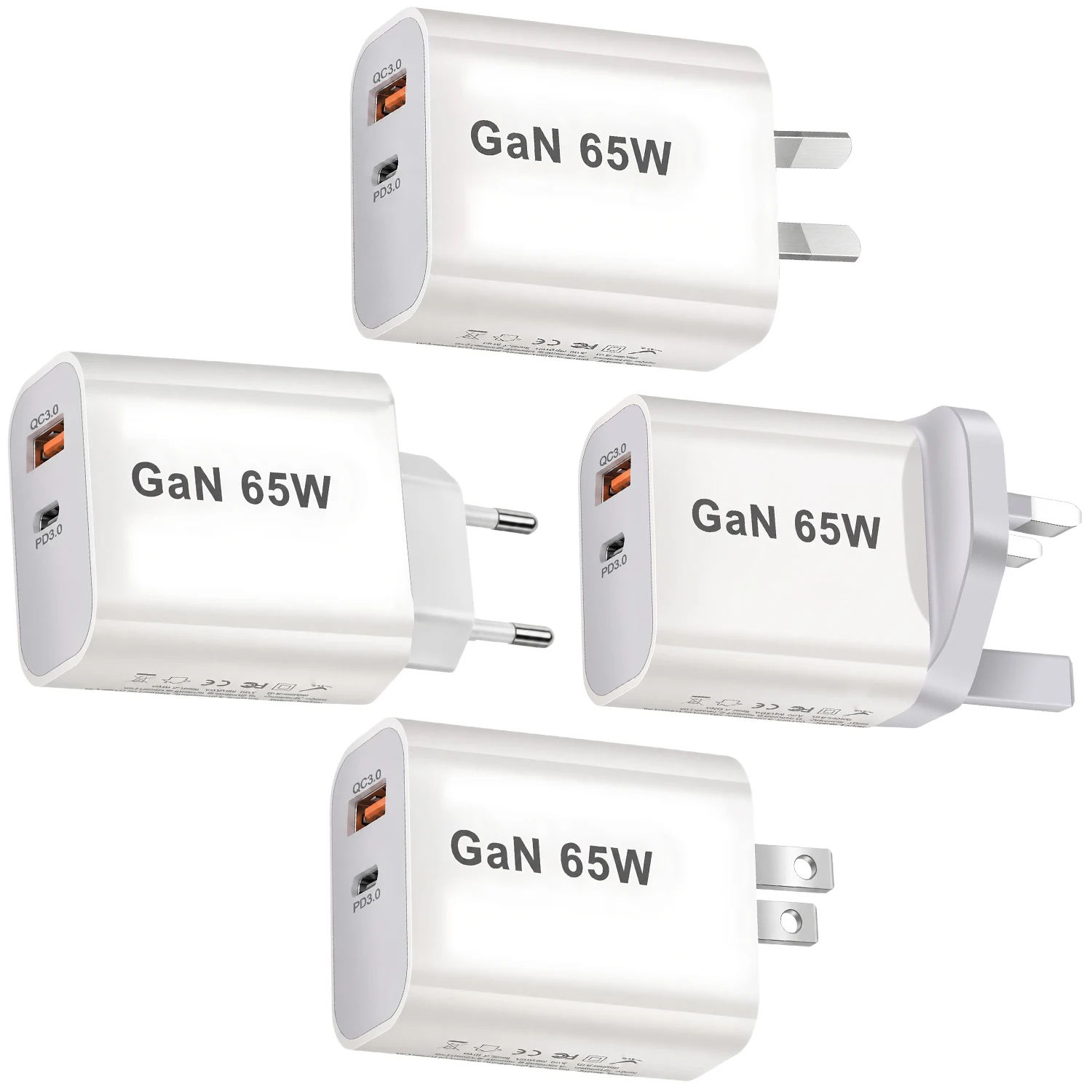 65W US EU AU UK Type-C Fast Charging Head PD25W QC3.0 Smart Phone Charging Charger USB-A USB-C Power Dual-Ports