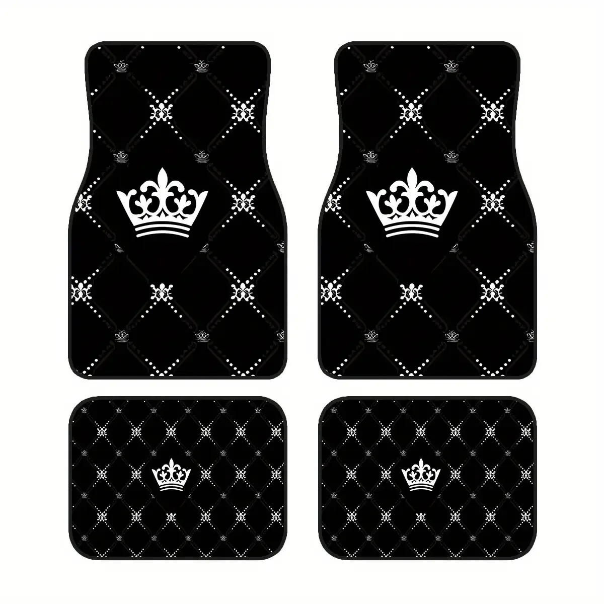 

4pcs Car Floor Mats- Black Background With Metal Crown Pattern, Suitable For Cars, Trucks, SUVs, Easy-to-Clean Interior Accessor