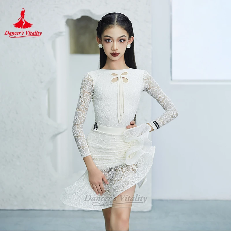 Latin Dance Lace Mesh Splicing Practise Costume Adult and Teenagers Chacha Samba Jive Training Elegant Sets Dancer's Vitality