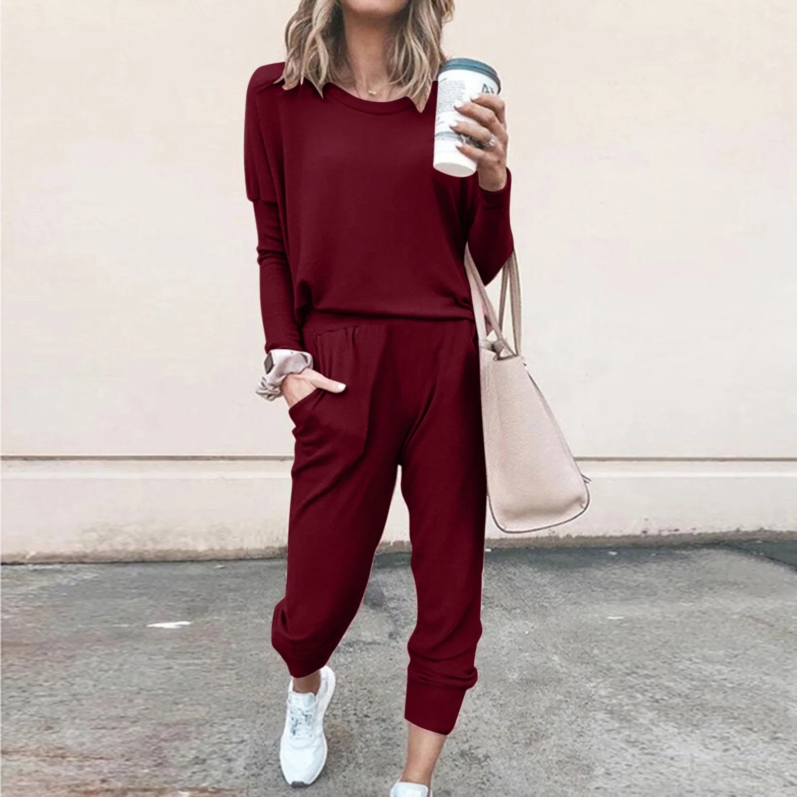 2024 Autumn Women Tracksuit Suit Solid Color Long Sleeve Loose Sweatshirt Pants Outfit Oversize Sportswear Two Piece Set