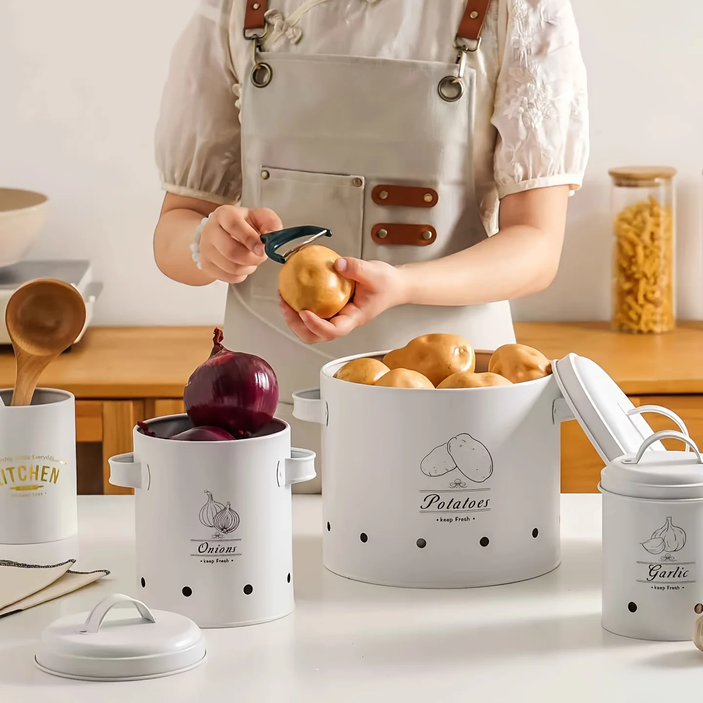 Set per la conservazione delle verdure da 3 pezzi, contenitori per la conservazione degli alimenti in bianco e nero (contenitore per patate, contenitore per cipolle, contenitore per aglio),