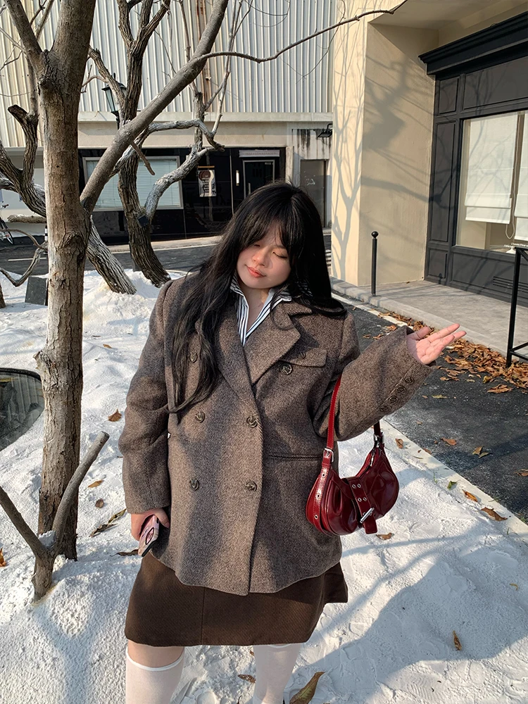 

Brown Gingham Woolen Suit Jaet plus Size Women's Faionable Commute Sle Casual Ele oulder High Quali Coat
