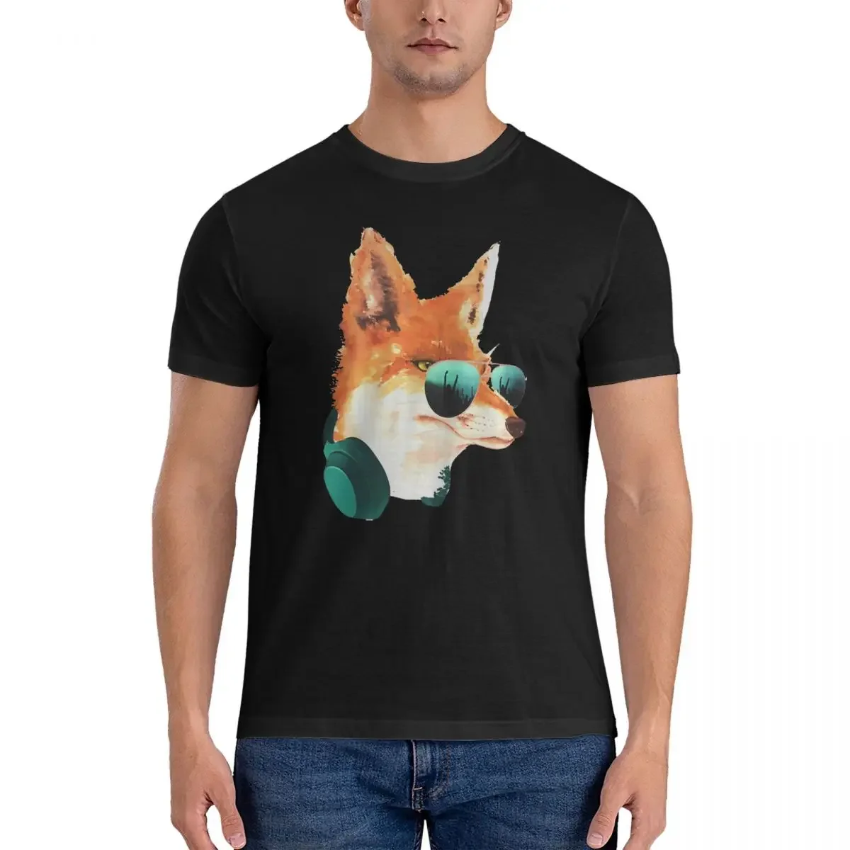 Men's Musical Dj Festival Fox With Headphones And Sunglasses T Shirt Smiling Musical Fox Pure Cotton Tops Hipster Short