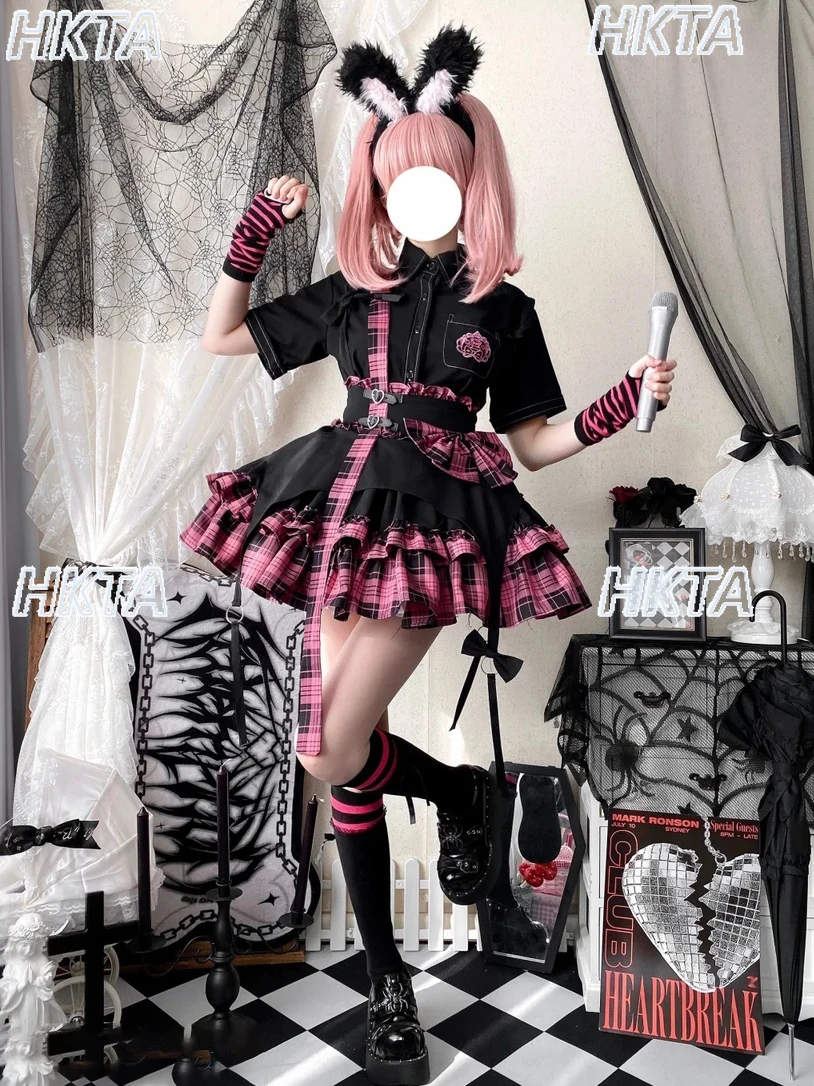 Gonne Lolita con fiocco sottile a vita alta con torta stile punk scuro Subcultura quotidiana Goth Gonne con cinturino corto gonfio scozzese rosa nero da donna