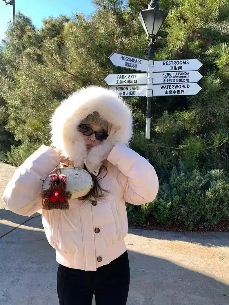 

Winter Thickened Women's Cotton Jacket Hooded Down Coat Short Style Fur Collar Warm Student Outerwear Long Sleeve Coat