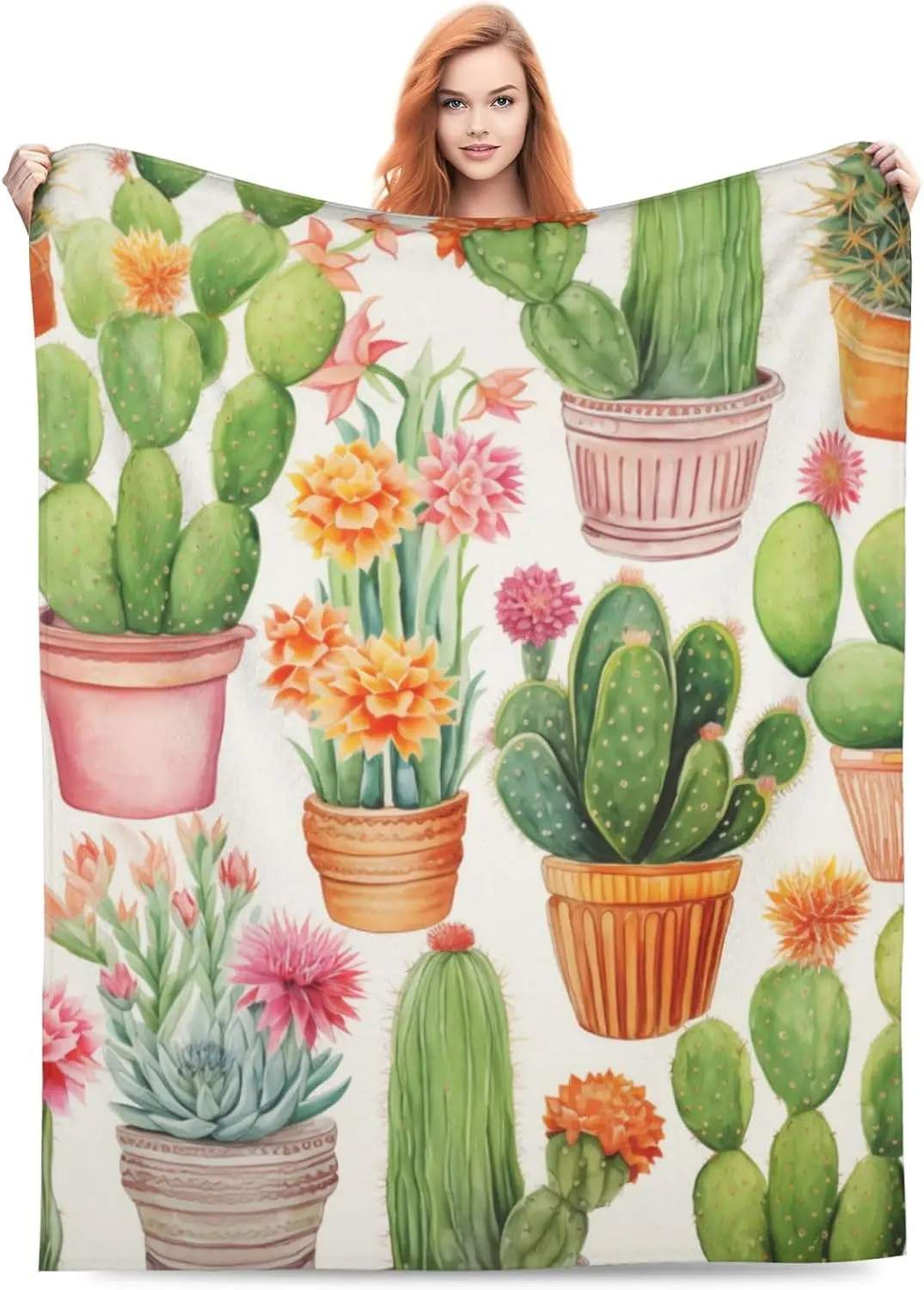 Cute Watercolor Assorted Potted Cacti Bright Floral White Background Flannel Throw Blanket, Warm Cozy Blanket, Fresh Decor Gift