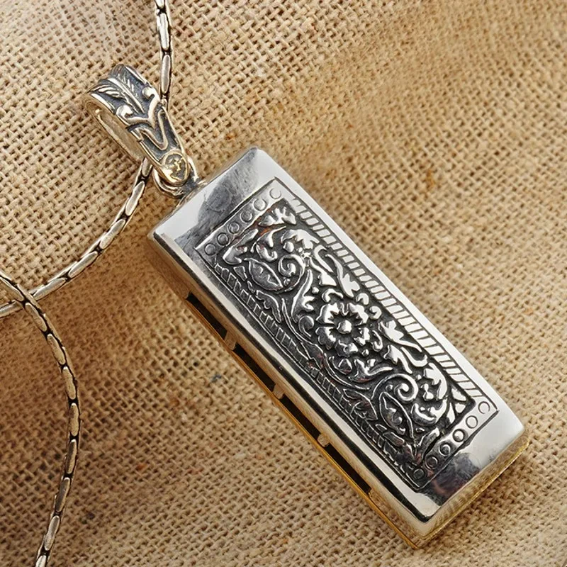 

NEW S925 Sterling Silver Exquisite Vintage Carved Harmonica Pendant Can Be Played Men'S Gift Free Shipping