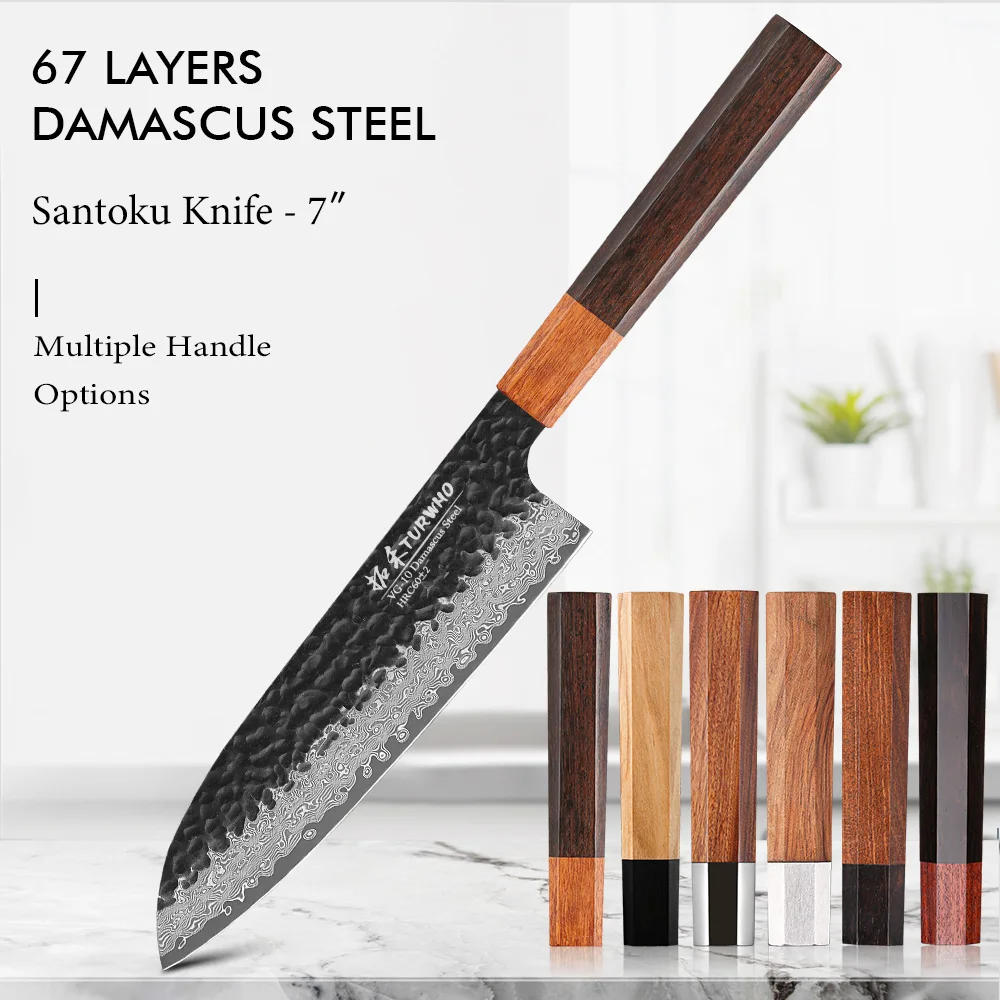 

TURWHO 7-inch Hand Forged Santoku Knife Japanese Damascus Steel Kitchen Chef Knives Sharp Meat Vegetable Cleaver Cooking Tools