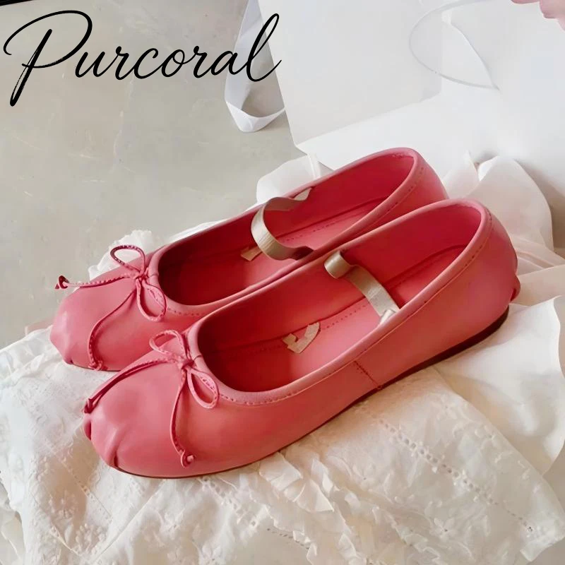 Purcoral 2026 New Pink Ballet Flats for Women Bow Knot Shoes Soft Leather Casual Ballerina Flat Shoes