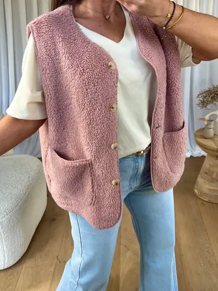 Pink Teddy Velvet Vest Women's V-Neck Single Button Loose Slimming Autumn Winter Outerwear Vest for Fashionable Casual Look