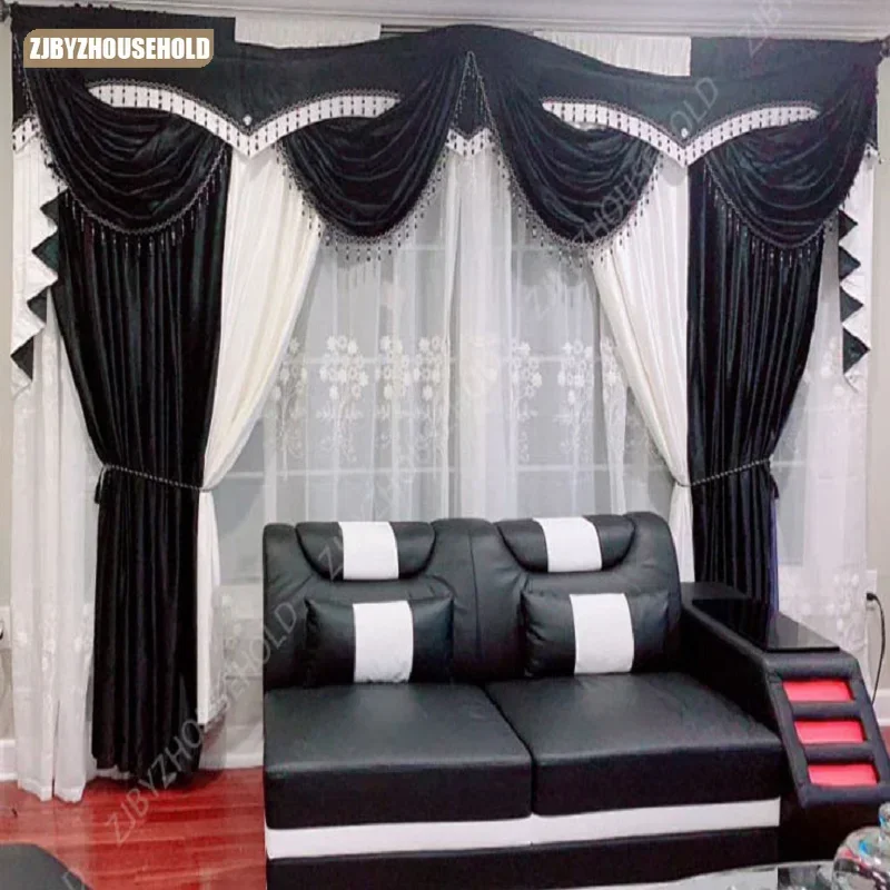 

2024 New Curtains for Living Room Bedroom Curtains European Style Black and White Velvet Curtain Embroidery Tulle Window Curtain