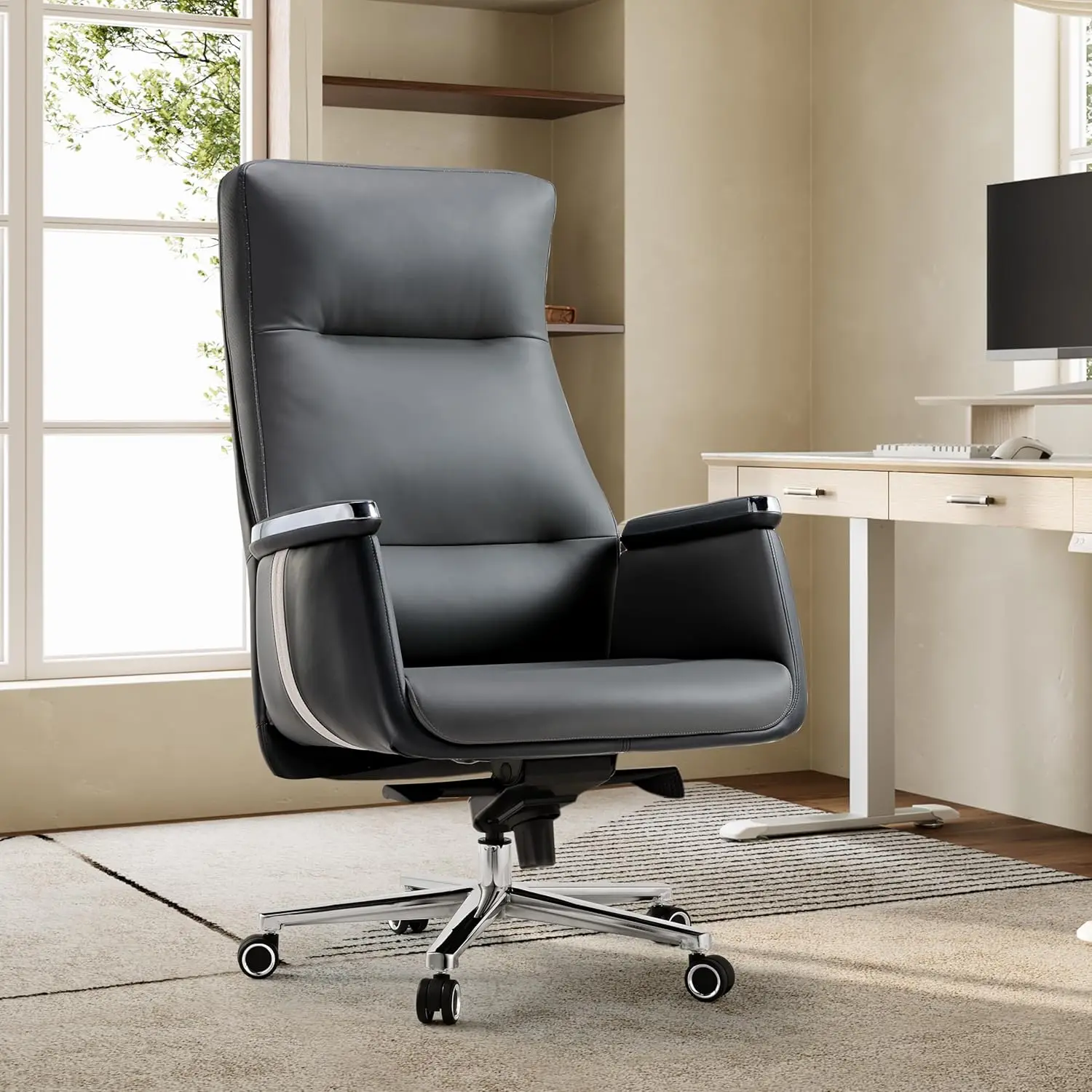 

ERGONOMIC Офисное кресло для руководителя Эргономичное настольное кресло, офисное кресло с высокой спинкой, большое и высокое с очень широким сиденьем, силиконовая кожа