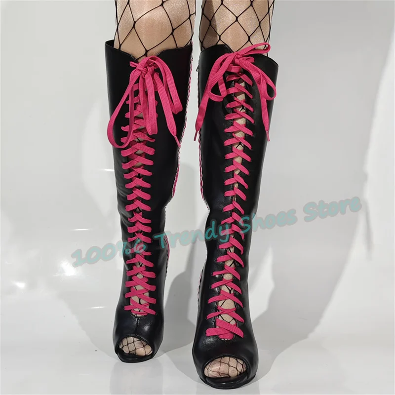 Fashion Mixed Color Lace-Up Hollow-Out Women Cool Boots Peep Toe Stiletto High Heel Mid-Calf Gladiator Boots Lady Summer Sandals