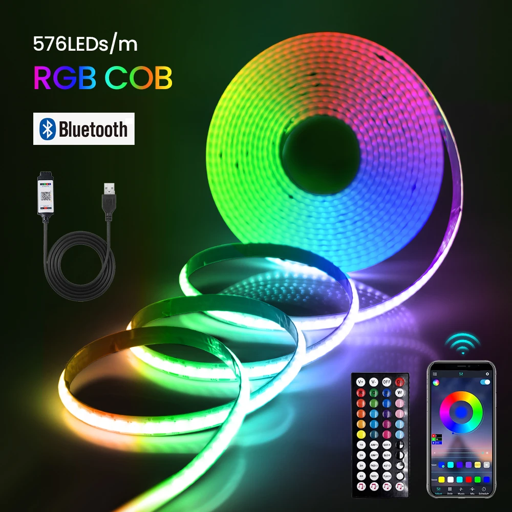 

5V USB RGB COB LED Strip Light Bluetooth APP Control Music Sync 576LEDs/m High Density Flexible Ribbon RGB Tape TV Backlight