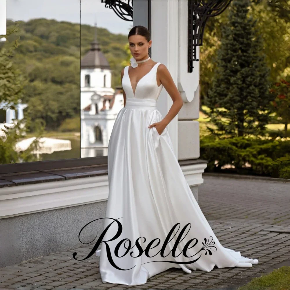 ROSELLE Simple Elegant V-Neck Sleeveless A-Line Wedding Dress Open Back Sweep Train 2026 Bridal Gown Customized свадебное платье