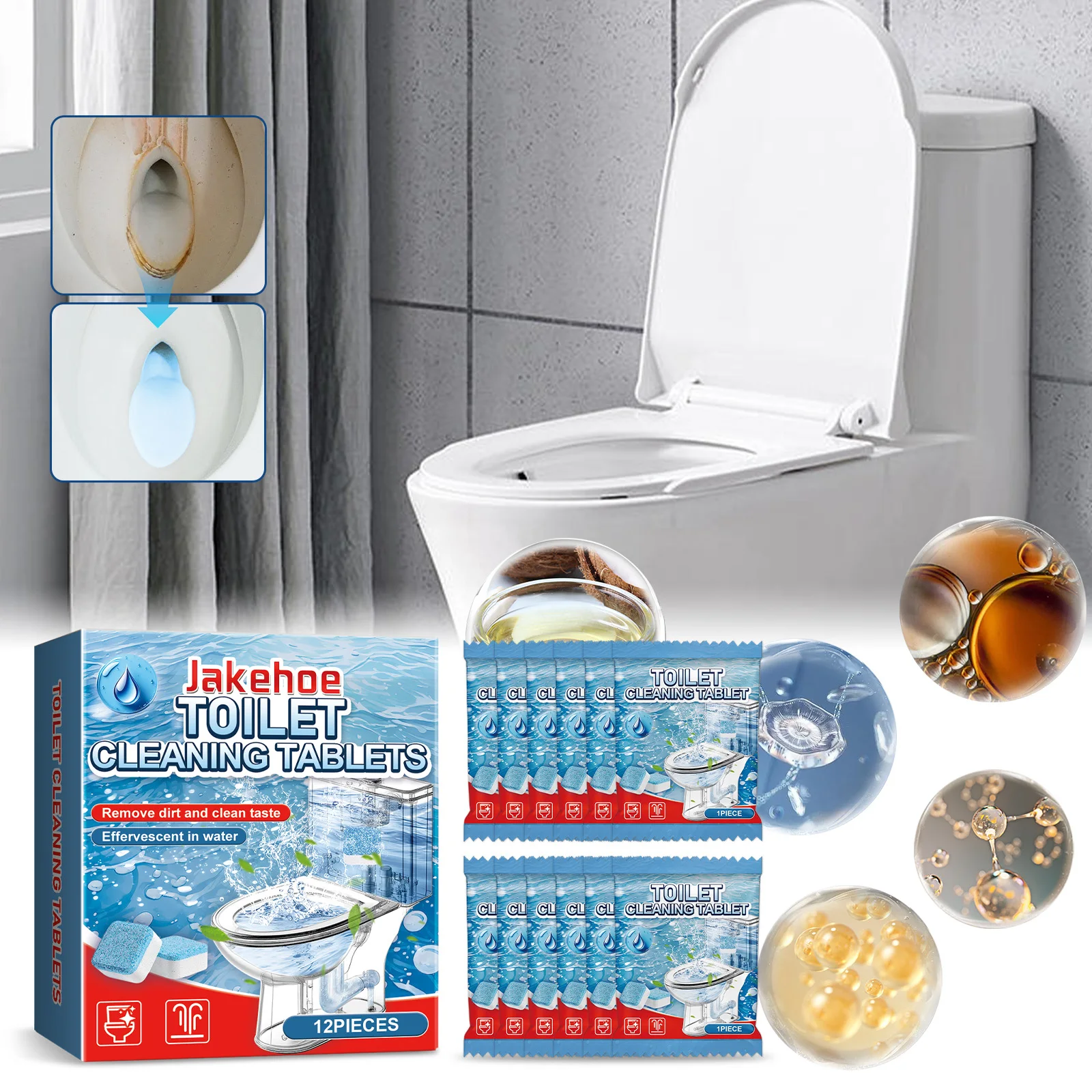 

JAKEHOE Toilet Cleaner 12pcs Toilets Cleaning Effervescent Tablets Powerful Remove Dirt Scale Stains Deodorizing Reduce Odors
