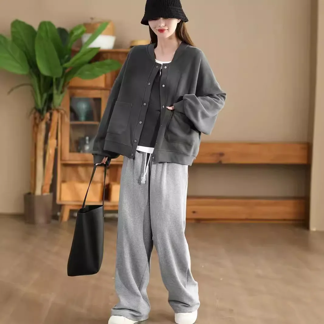 Women Autumn And Winter High Quality Knitted Cotton Jacket Patch Pocket Stand Collar Korean Version Solid Color Baseball Jacket