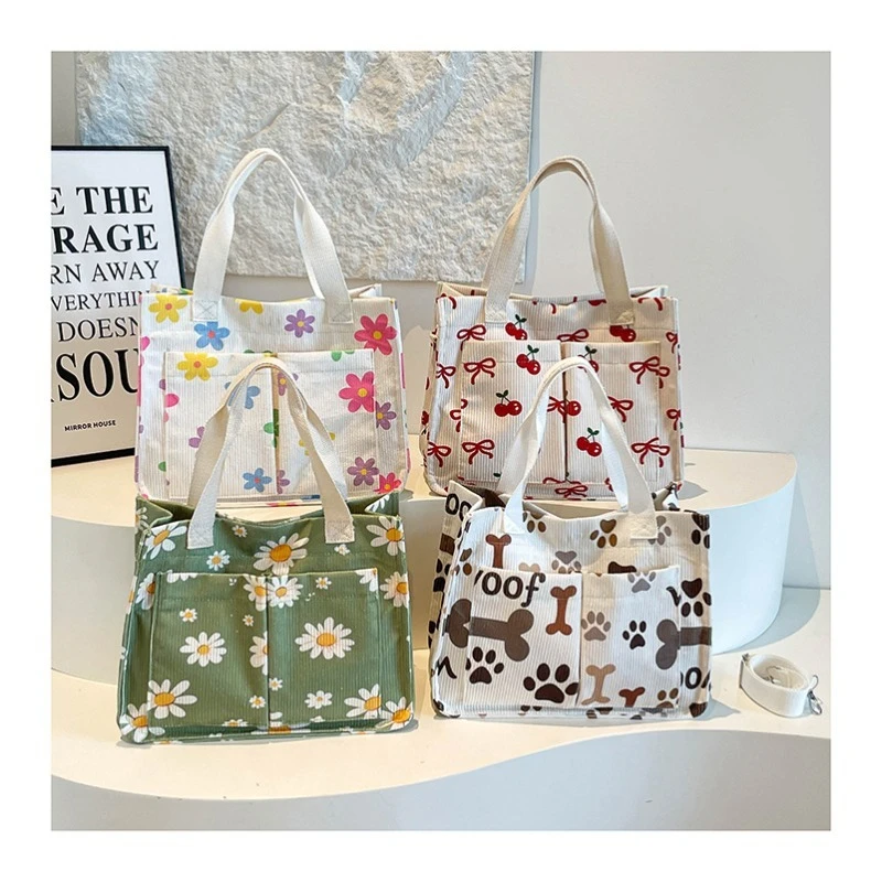 Fashion Corduroy Eco Bag, Large Capacity Simple Commuter Shoulder Bag, Portable Travel Handheld Book Storage Women Tote Bag view 6