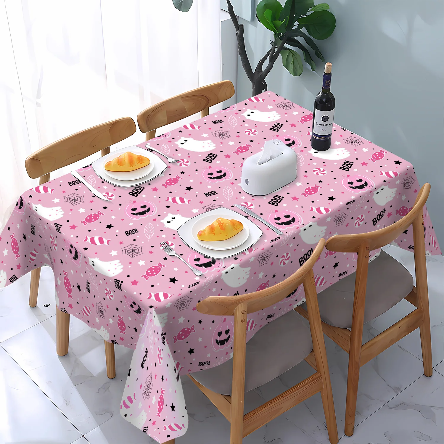 One polyester tablecloth featuring cute pink pumpkin, candy and cat patterns for Halloween theme.PMJ