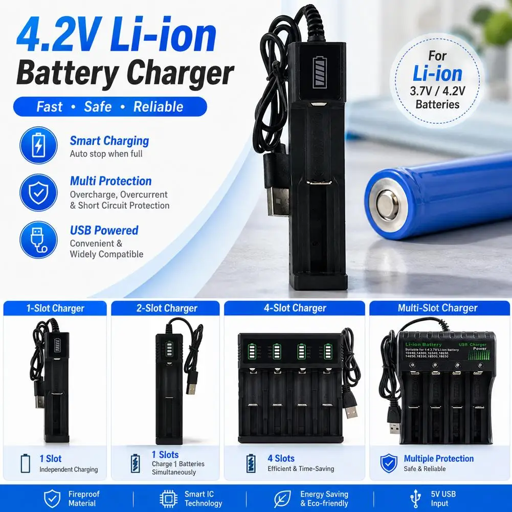 18650 Battery Charger 1/4 Slots AC 110V 220V Dual Smart Fast Charging 3.7V Rechargeable Lithium Li Ion Power Station