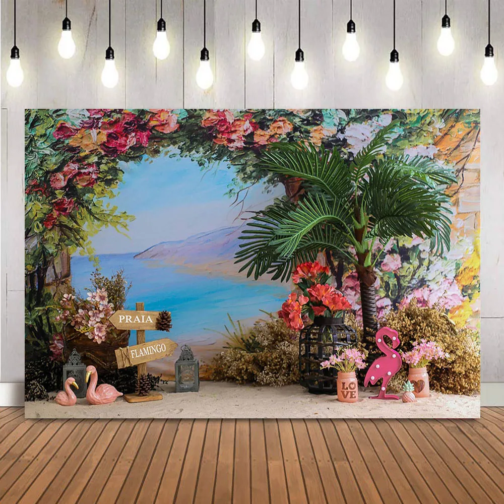 Paria Flamingo Background for Photography Tropical Summer Hawaiian Floral Backdrop for Cake Smash Photoshoot Props