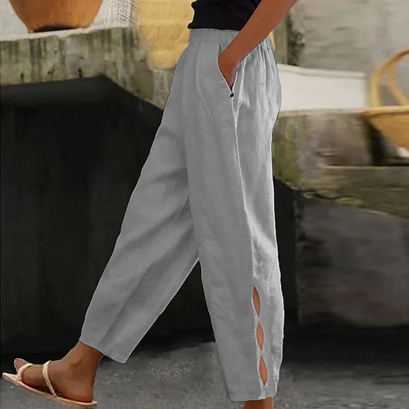 Vintage Fashion Solid Cotton and Linen Pants Women Spring Elastic Waist Pocket Button Trousers Summer Bottoming Hollow Out Pants