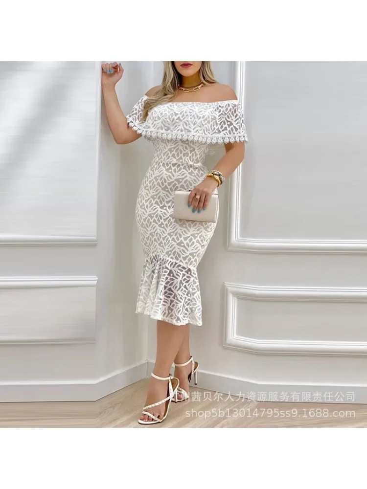 

Mandylandy White Lace Off-Shoulder Dress Sexy Slash Collar High Waist Bodycon Midi Dress Solid Short Sleeve Party Elegant Dress