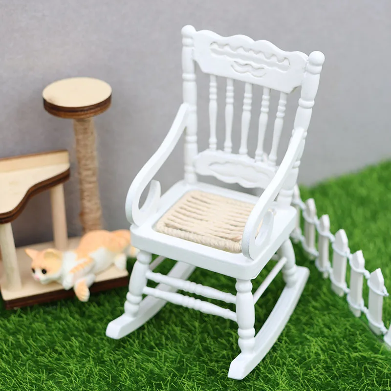 1:12 Dollhouse White Woven Rocking Chair, Miniature Armchair with Rope Texture for Micro Scene, Dollhouse Living Room Decor